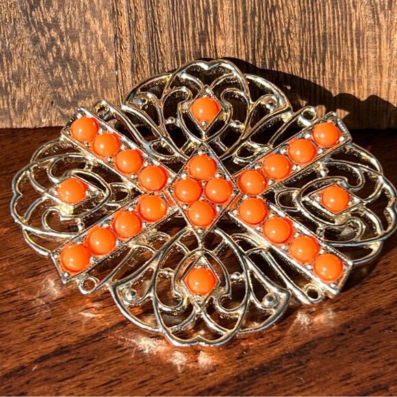 Sarah Coventry dangle earring and brooch set 🌺 gold tone and coral Orange - Picture 2 of 10